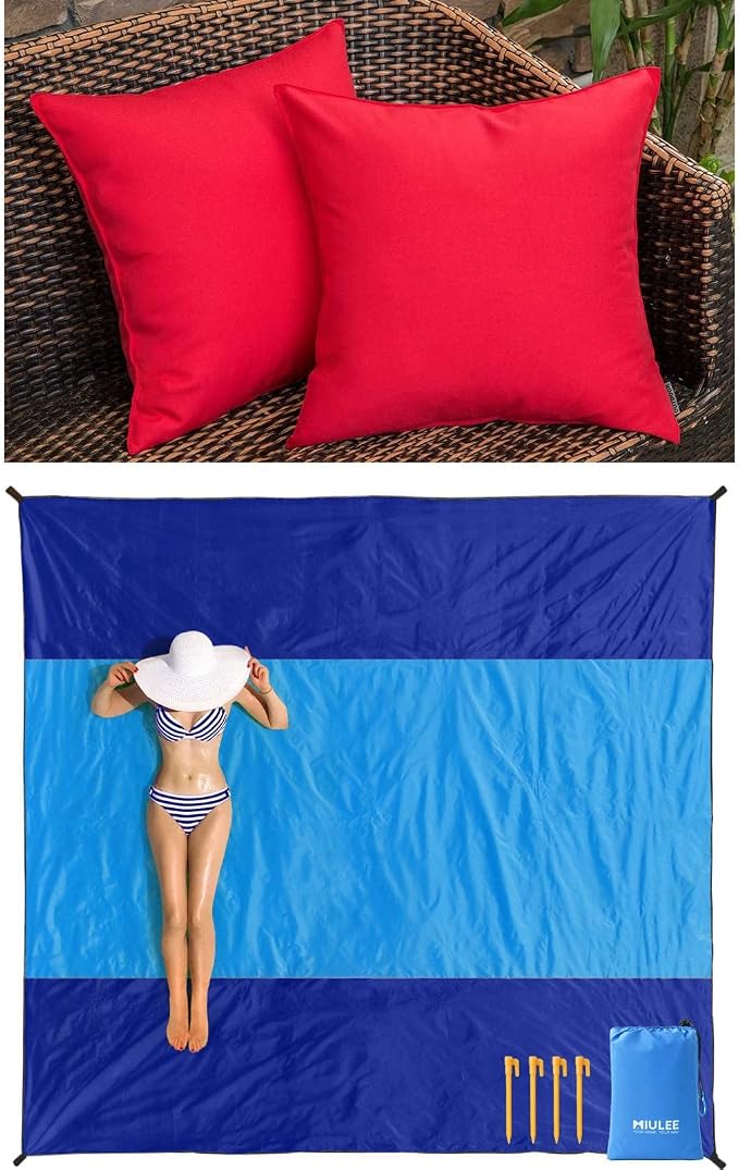 MIULEE Pack of 2 Christmas Decorative Outdoor Waterproof Pillow Covers Square Garden Cushion Sham Throw Pillowcase for Patio Tent Couch 18x18 Inch Red Bundle Extra Large Beach Blanket 110x114