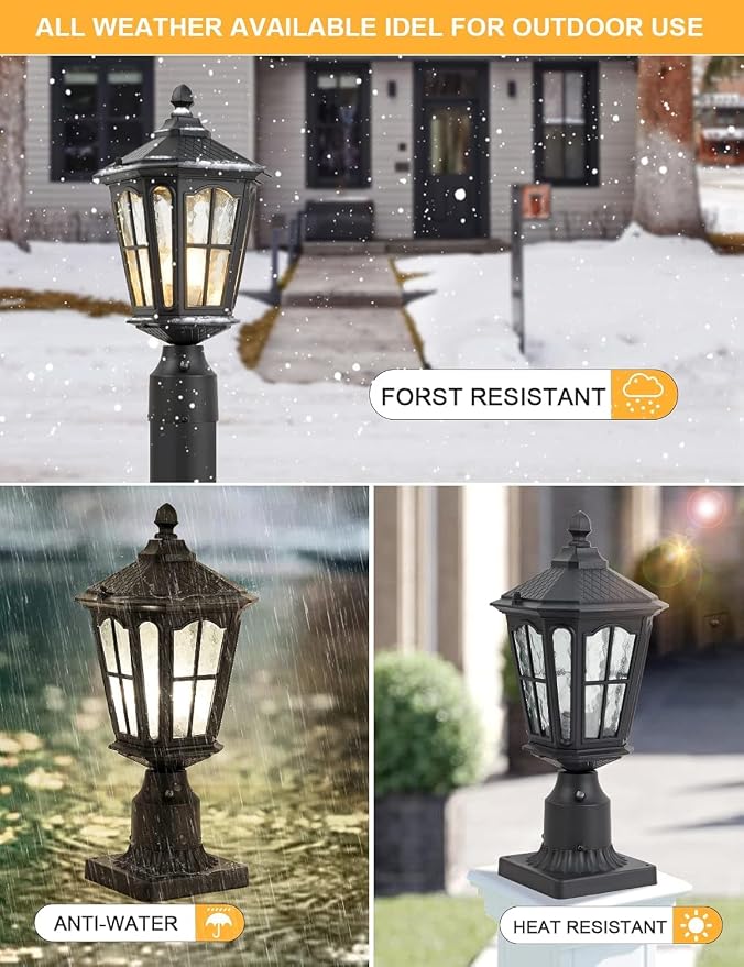 2 Pack Dusk to Dawn Post Light Outdoor, 17''H Outdoor Lamp Post Light with Pier Mount Adapter,Waterproof IP65 Classic Die Cast Aluminum with Water Ripple Glass, Matte Black