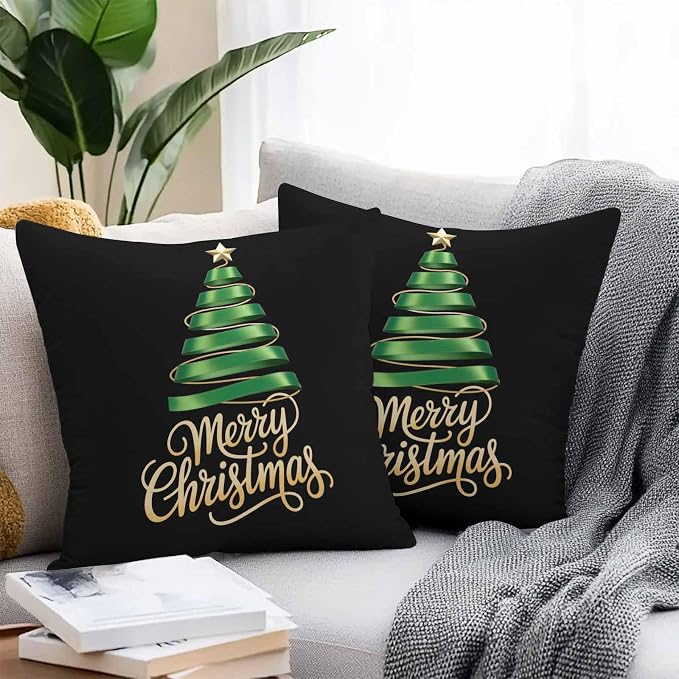 Black Christmas Tree Outdoor Pillow Covers 24 x 24 Inches, Green Xmas Tree with Star Waterproof Throw Pillow Cover Set of 2, Christmas Black Decorative Square Cushion Covers for Patio/Couch