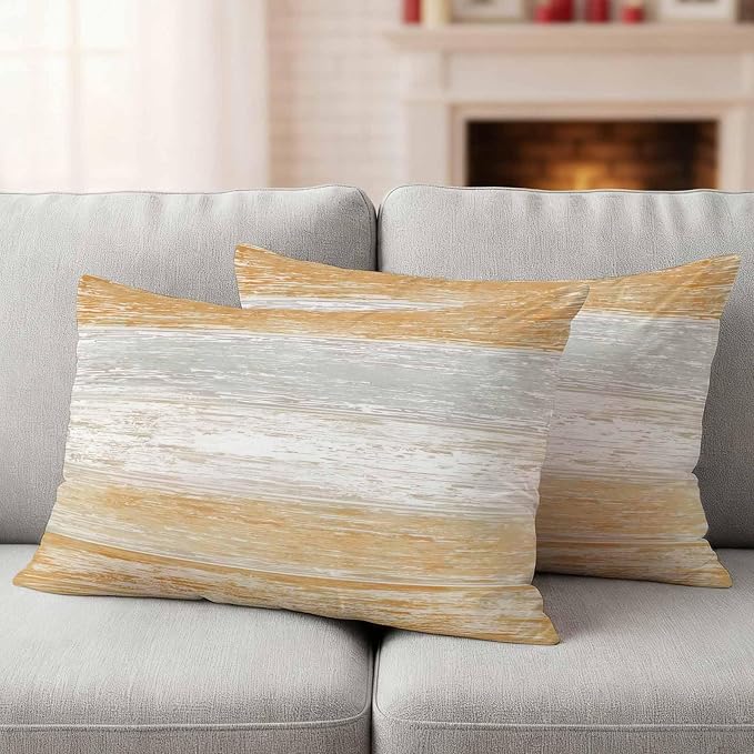 Outdoor Waterproof Throw Pillow Covers, Vintage Orange Grey Decorative Pillow Cases, Farmhouse Barn Wooden Striped Couch Pillow Protector Patio Sofa Cushion Covers Replacement 20"x12" 2 Pack