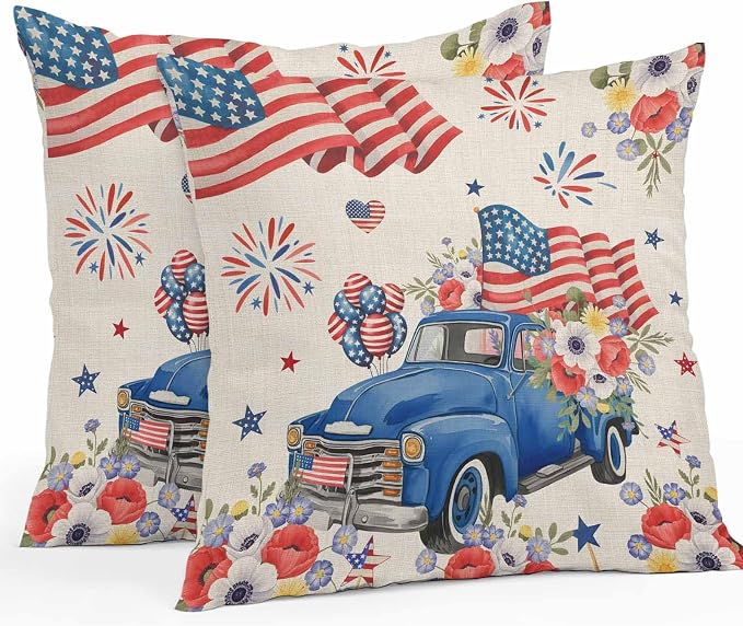 Independence Day Outdoor Pillow Covers Set of 2,Farm Truck USA Flag Poppy Decorative Waterproof Throw Pillow Case Retro Patriotic Fireworks Cotton Linen Soft Cozy Cushion Pillowcases 16x16In