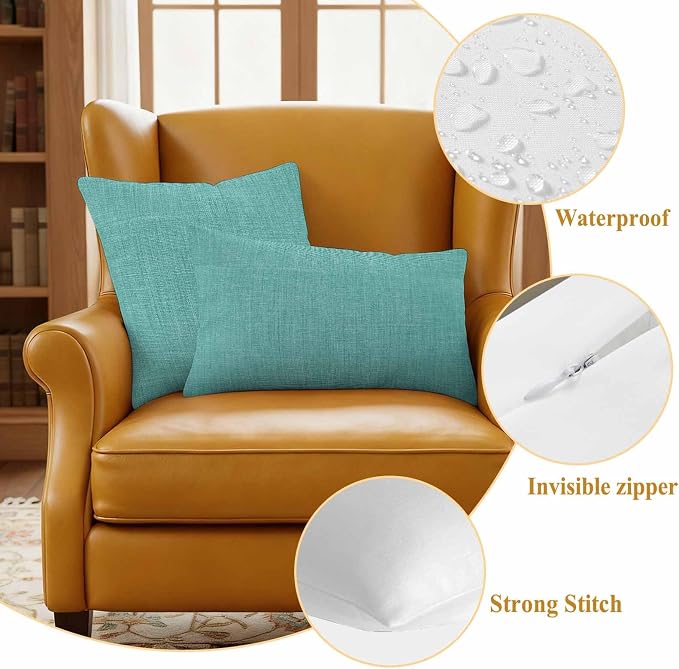 Outdoor Waterproof Throw Pillow Covers Set of 2 Turquoise Linen Pillowcases 24x24 Inches Farmhouse Pure Color Decorative Pillows Cushion Case Patio Pillows for Couch Bed Chair Garden