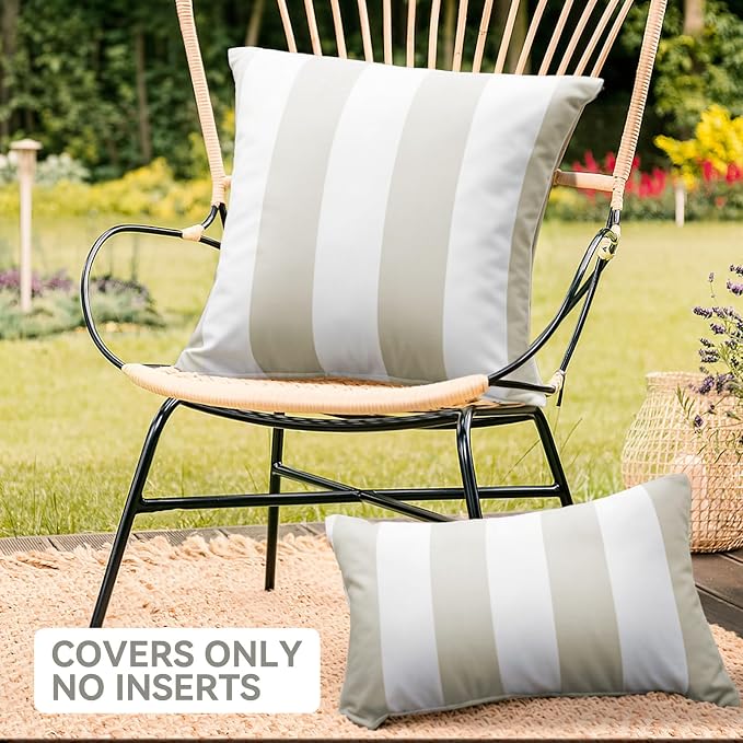Western Home Pack of 2 Outdoor Waterproof Striped Throw Pillow Covers Beige Grey Decorative Pillowcases Garden Modern Cushion Cases for Patio Tent Balcony Couch Sofa 12x20 Inch | 12x20, Beige Grey,Garden Cushion Covers, Farmhouse Pillowcases for Couch ...