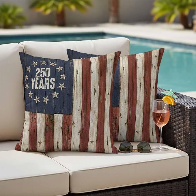 250 Year Anniversary USA Outdoor Waterproof Throw Pillow Covers 16"x16" Set of 2, 4th of July Vintage Wood Decorative Garden Pillowcase with Zipper Cushion Case for Patio Couch Tent