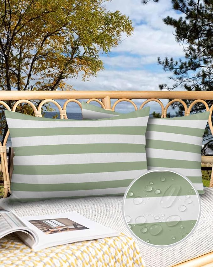 Outdoor Pillows 20x12 Waterproof Outdoor Pillow Covers Spring Stripes Green Polyester Throw Pillow Covers Garden Cushion Decorative Case for Patio Couch Decoration Set of 2 Sage Green