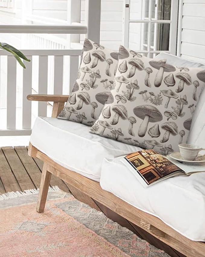 Outdoor Waterproof Throw Pillows Retro Mushroom Vintage Botanical Patio Pillows Pack of 1,Decorative Pillow Covers with Insert,Pillow Cushion Case for Garden Couch Sofa Aesthetic Plant Leaves