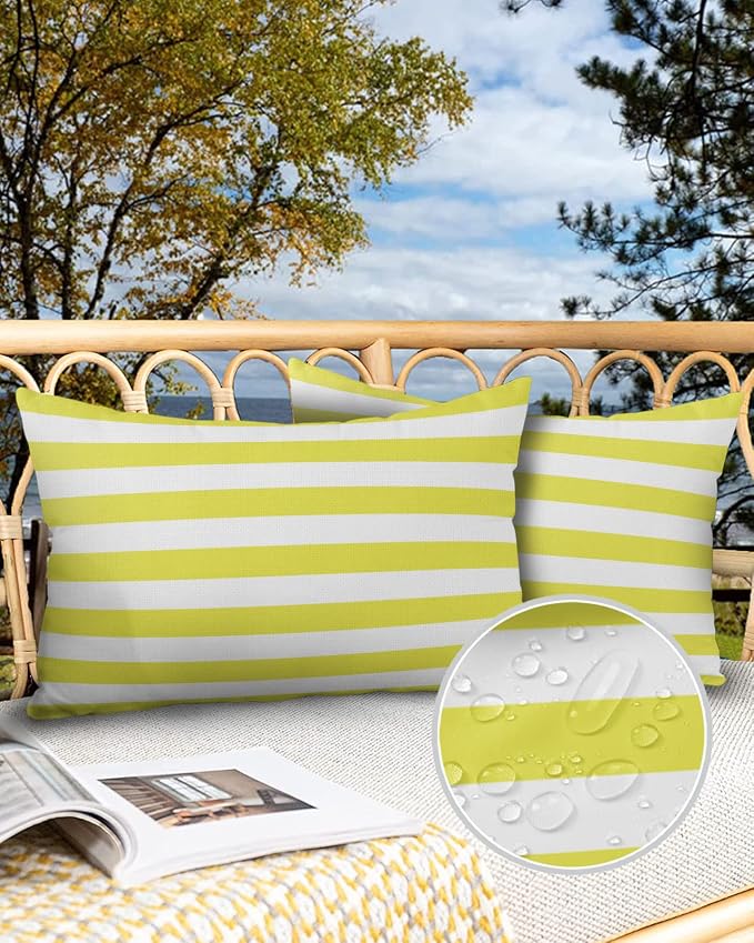 Lumbar Throw Pillow Covers 12x20 Outdoor Waterproof Pillow Covers for Patio Furniture Yellow and White Stripes Throw Pillow Cover Solid Striped Pillowcases Set of 2 Cushion Case for Sofa Couch Chair