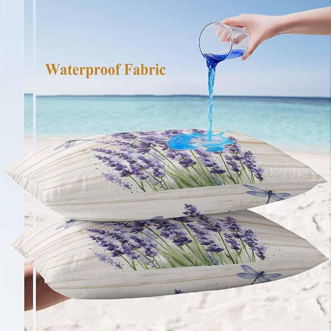 Outdoor Waterproof Throw Pillow Covers Set of 2 Lavender Flower Lumbar Pillowcases 20x12 Inches Purple Floral Dragonfly Wood Decorative Pillows Cushion Case Patio Pillows for Couch Bed Chair Garden
