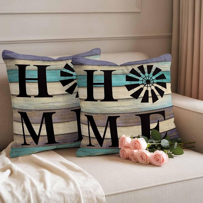 Outdoor Pillow Covers Set of 2, Farm Home Windmill Decorative Throw Pillow Covers 16X16IN, Farmhouse Vintage Wood Board Throw Pillows Protector Cushion Case for Patio,Couch,Sofa,Garden