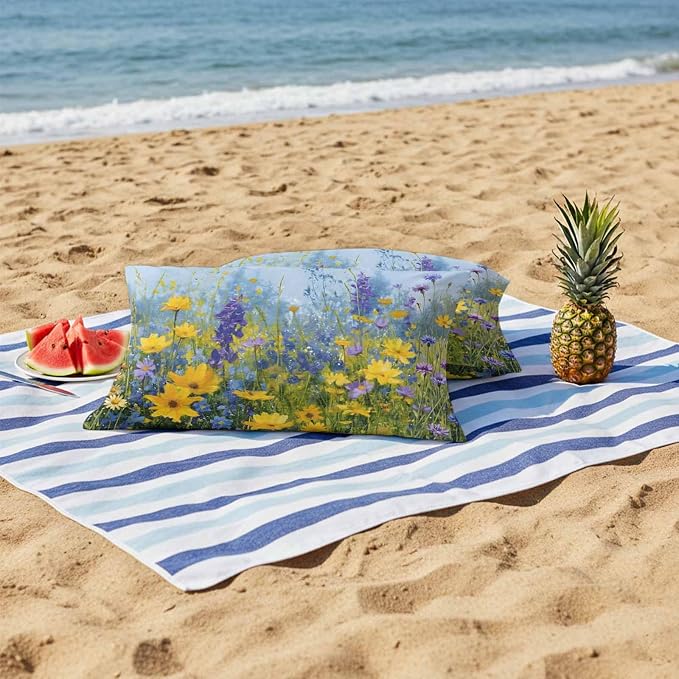 Outdoor Waterproof Pillow Covers for Patio Rustic Landscape Decorative Throw Pillow Cover Spring Wildflower Floral Yellow Blue Purple Pillowcases Set of 2 Cushion Case for Sofa Couch Chair 12x20 Inch