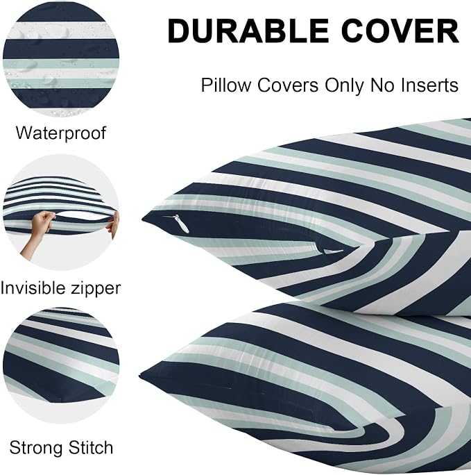 Aqua Navy Blue Striped Outdoor Pillow Covers Waterproof, All Weather Cushion Case Set of 2, Modern Abstract Lines Geometric Decorative Pillowcases for Sofa Couch Bed Decor Patio Furniture 18"x18"
