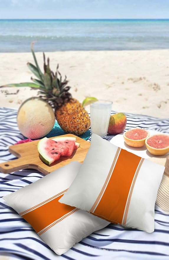 Outdoor Waterproof Throw Pillow Covers 16 x 16 Inches Set of 2 Orange White Stripes Minimalist Simple Pattern Decorative Cushion Cover Pillowcase for Garden Patio Tent Beach Livingroom Sofa Couch