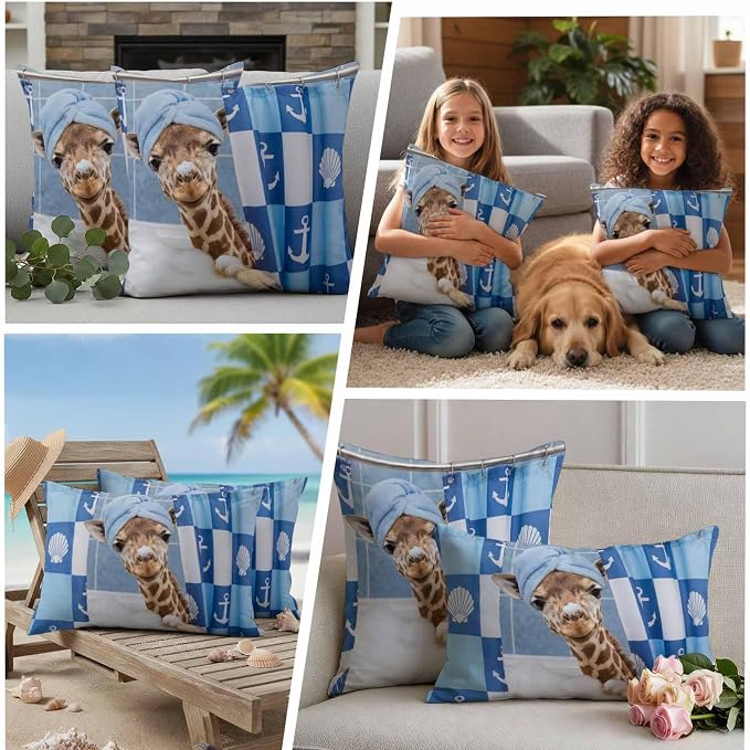 Bathing Giraffe Waterproof Outdoor Pillow Covers Set of 2 Home Decor, Funny Animal Showering Pillowcase Patio Pillow Covers for Couch Bench Patio Furniture Garden 18x18in