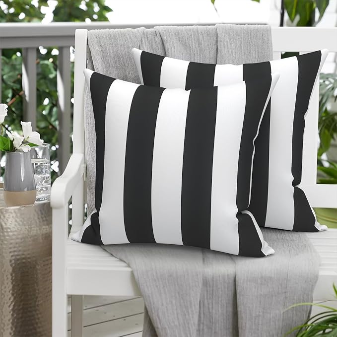 20x20 Inch Pack of 2 Patio Throw Pillow Covers ONLY, Water Repellent Cushion Cases, Square Pillowcases for Outdoor Couch Decoration, Cabana Black