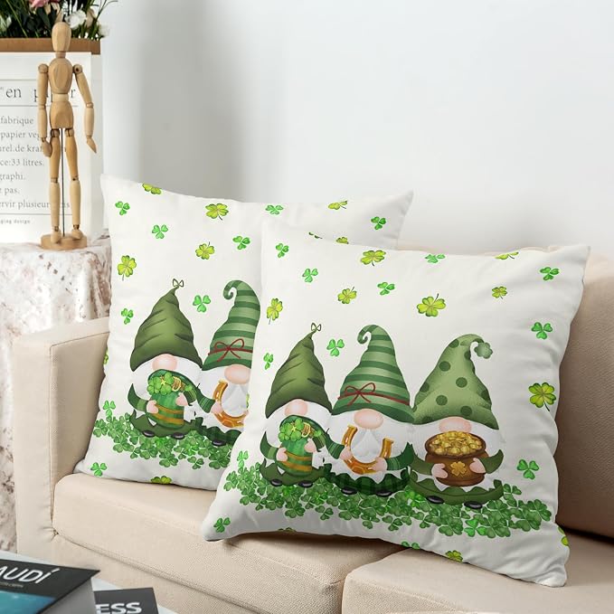 Set of 2 St.Patrick's Day Decorative Throw Pillow Covers 24x24 Lucky Clover Shamrocks Pillow Cases Square March Holiday Cotton Blend Pillowcase for Home Sofa Couch Decor