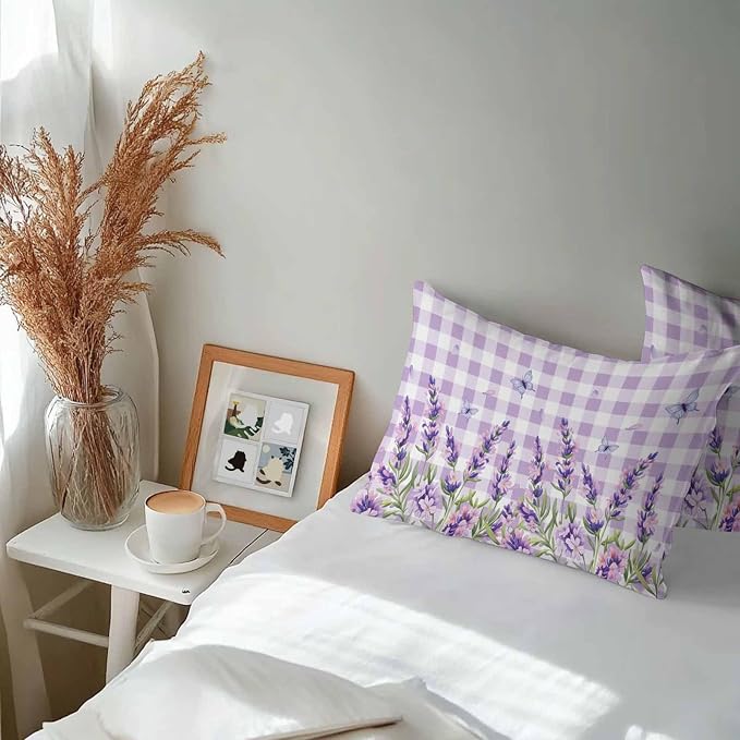 Vandarllin Outdoor Throw Pillows Covers 20x12 inch Set of 2 Waterproof Purple Lavender Flower Decorative Zippered Cushion Covers for Patio Furniture, Butterfly Buffalo Plaid Lumbar Pillowcases