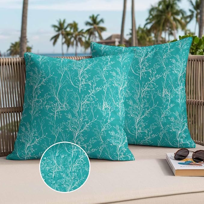 Turquoise Branches Waterproof Outdoor Pillow Covers Set of 2 Home Decor, Abstract Art Leaves Plant Lumbar Pillowcase Patio Pillow Covers for Couch Bench Patio Furniture Garden 20x20in