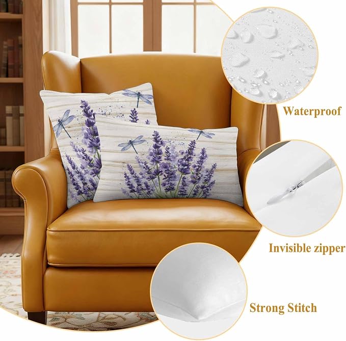 Outdoor Waterproof Throw Pillow Covers Set of 2 Lavender Flower Pillowcases 26x26 Inches Purple Floral Dragonfly Wood Decorative Pillows Cushion Case Patio Pillows for Couch Bed Chair Garden