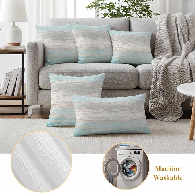 Outdoor Waterproof Throw Pillow Covers, Vintage Teal Grey Decorative Pillow Cases, Farmhouse Barn Wooden Striped Couch Pillow Protector Patio Sofa Cushion Covers Replacement 24"x24" 2 Pack