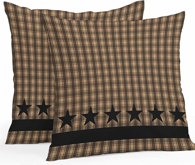 Brown Black Plaid Waterproof Outdoor Pillow Covers Set of 2 Home Decor Vintage Rustic Star Buffalo Check Pillowcase Patio Pillow Covers for Couch Bench Furniture Garden 26x26in