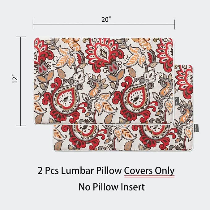 Magpie Fabrics Pack of 2 Outdoor Lumbar Pillow Case Covers 12"x20", Waterproof Rectangular Throw Pillowcase Shell Decorative Sham for Patio Garden Couch - Floral Red Orange