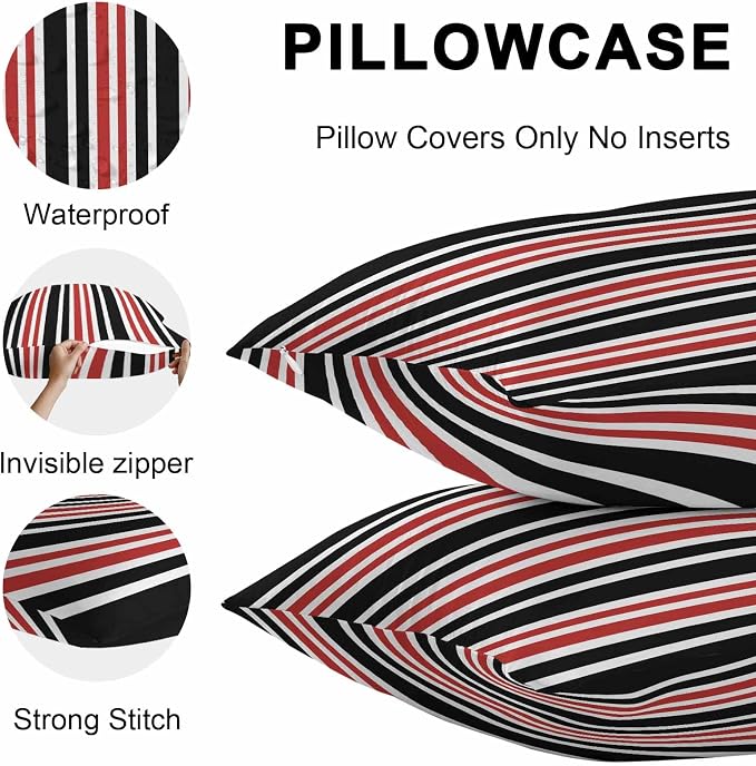 Red Black Stripe Outdoor Pillow Covers 20x20 Inch Throw Pillow Covers Set of 2 Waterproof Decorative Pillow Cases Farmhouse Minimalist Striped Cushion Covers for Patio Furniture Garden Couch Sofa