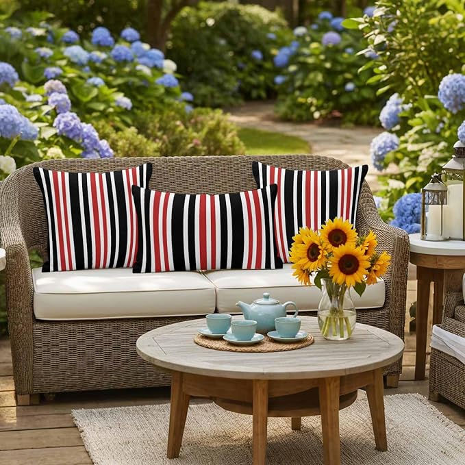 Red Black Stripe Outdoor Pillow Covers 20x20 Inch Throw Pillow Covers Set of 2 Waterproof Decorative Pillow Cases Farmhouse Minimalist Striped Cushion Covers for Patio Furniture Garden Couch Sofa