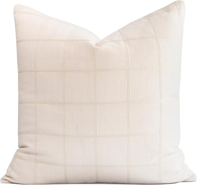 Modern Farmhouse Fall Linen Indoor Outdoor Throw Pillow Cover Only, 22"x22" Water Repellent for Patio, Backyard, Couch, Neutral Beige Plaid