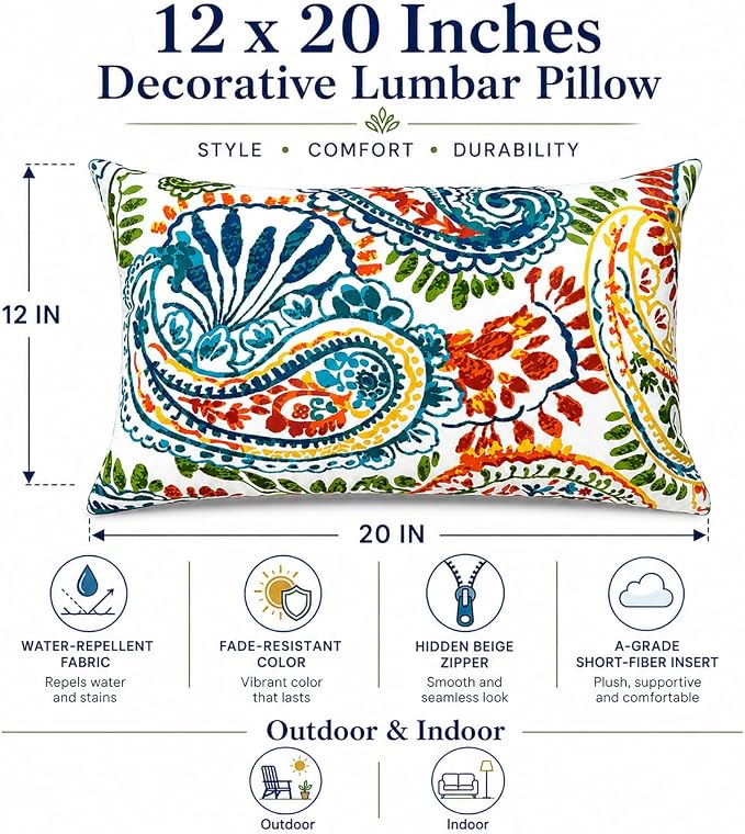 Outdoor/Indoor Throw Pillows with Inserts, 12"x 20" Pack of 2 | Fade Resistant, Waterproof Decorative Pillows for Bed, Couch, Sofa, Patio, Garden & Terrace Furniture Cushions