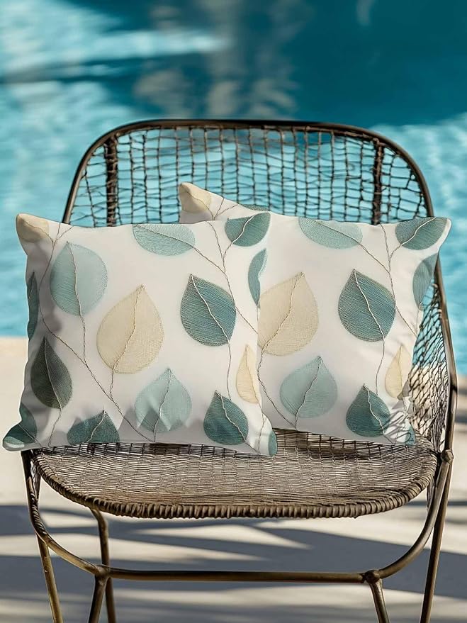 Outdoor Waterproof Throw Pillows Farmhouse Teal Green Leaf Patio Pillows Pack of 2,Decorative Pillow Covers with Insert,Pillow Cushion Case for Garden Couch Sofa Vintage Watercolor Leaves