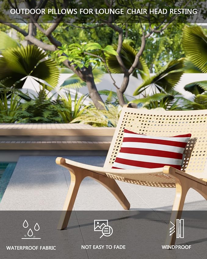 T&H XHome Outdoor Pillow for Chaise Lounge Chair, Red and White Stripe Waterproof Headrest Pillow Lumbar Pillows with Adjustable Elastic Strap for Beach, Poolside, Patio, Office (1 Pack)