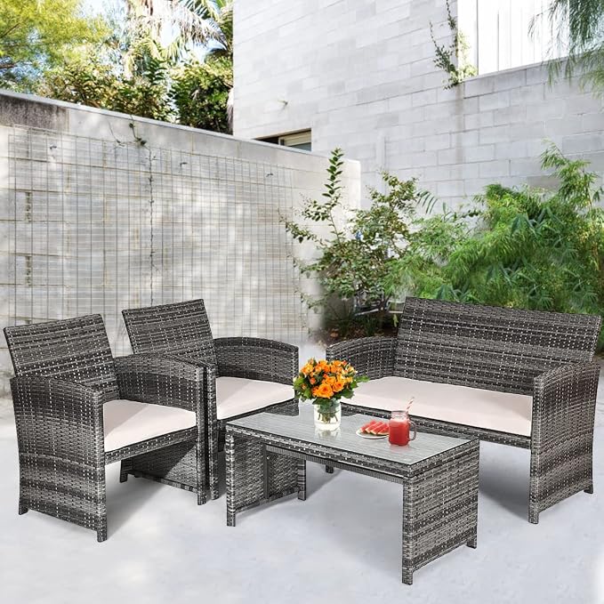 HAPPYGRILL 4 Piece Patio Conversation Set with Soft Cushions Rattan Furniture Set with PE Wicker Coffee Table & Sofa Chairs for Garden Poolside Porch Backyard