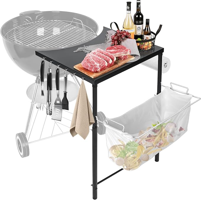 Grill Side Table for Weber Kettle 22/26, for Weber Smokey Mountain 22 Grill, Grill Work Table for Weber Master Touch, Premium, Kettle Grill Accessories, Adjustable Height Charcoal Kettle Grill Table
