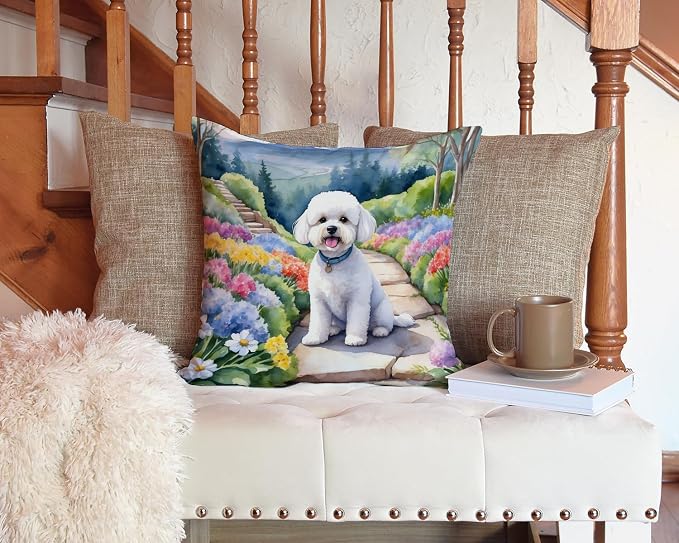 Caroline's Treasures Bichon Frise Spring Path Throw Pillow Machine Washable, Indoor Outdoor Decorative Pillow for Couch, Bed or Patio, 14Hx14W