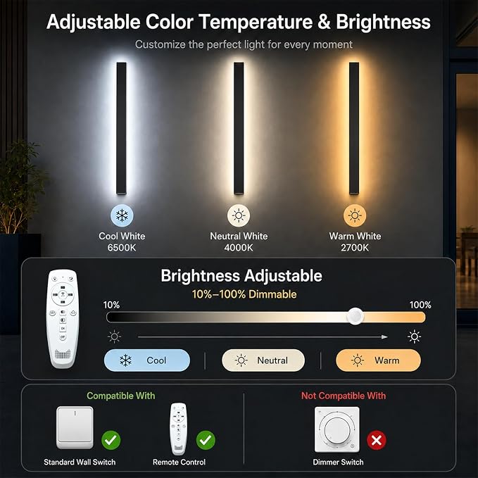 92 in Modern Outdoor Wall Lights for House, Black LED Exterior Light Fixtures Wall Mount, Waterproof Long Porch Lights, 2700K-6500K 3CCT Linear Wall Sconce Light for Front Door Garage