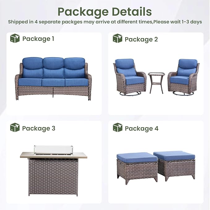 Luxury Patio Furniture Set with 6-inch Thick Cushion, Outdoor Furniture with Fire Pit Table, Swivel Chairs, Sofa, Side Table, Ottomans, 7pcs Wicker Conversation Set(Brown Wicker/Blue Cushion)