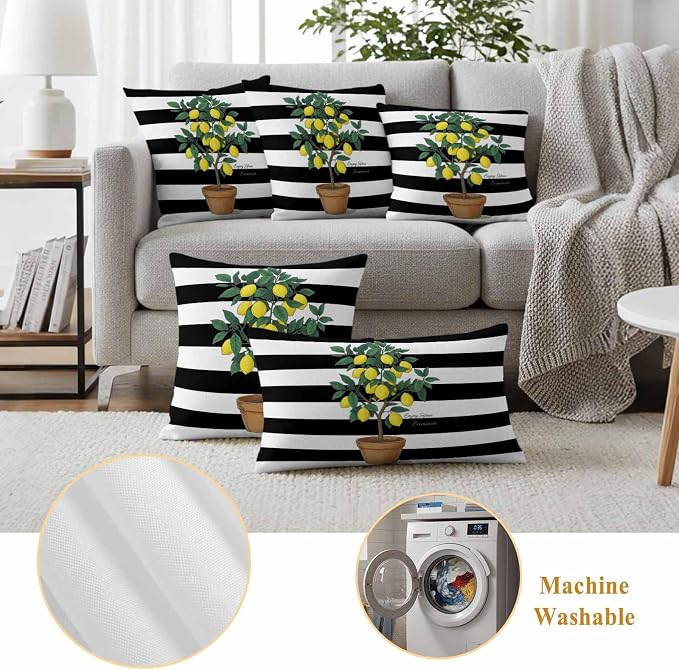 Summer Lemons Outdoor Waterproof Pillow Covers Set of 2, Yellow Fruit Leaf Black White Striped Abstract Pillowcase Decorative Throw Cushion Cases for Patio Garden Couch 16 x 16 Inches