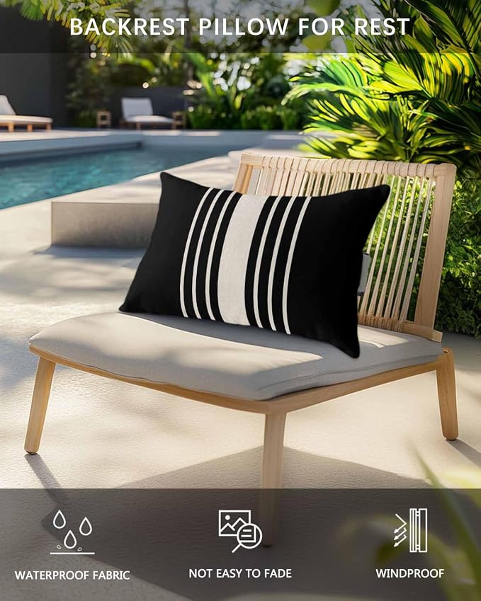 Pack of 4 Outdoor Lumbar Pillow Covers 11x16 Inch, Black Beige Striped Waterproof Throw Pillow Covers Set, Modern Farmhouse Retro Lines Indoor&Outdoor Decorative Cushion Cases for Patio Porch Beach