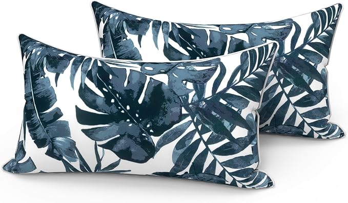 LVTXIII Set of 2 Outdoor Lumbar Pillows for Patio Furniture with White Piping, 12"x20" Fade Resistant Patio Lumbar Pillows with Inserts for Home Coach Sofa Use, Palm Blue