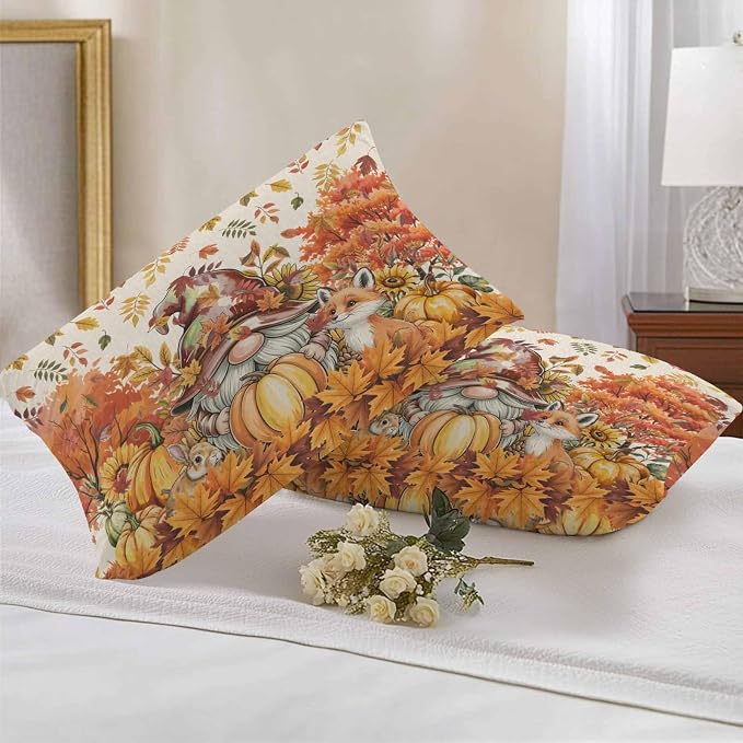 Fall Gnomes Pumpkin Outdoor Waterproof Pillow Covers, Maple Leaves Animal Country Vintage Decorative Rectangle Throw Pillowcase Sofa Cushion Sham for Patio/Couch/Chair, 20"x12" 2 Pack