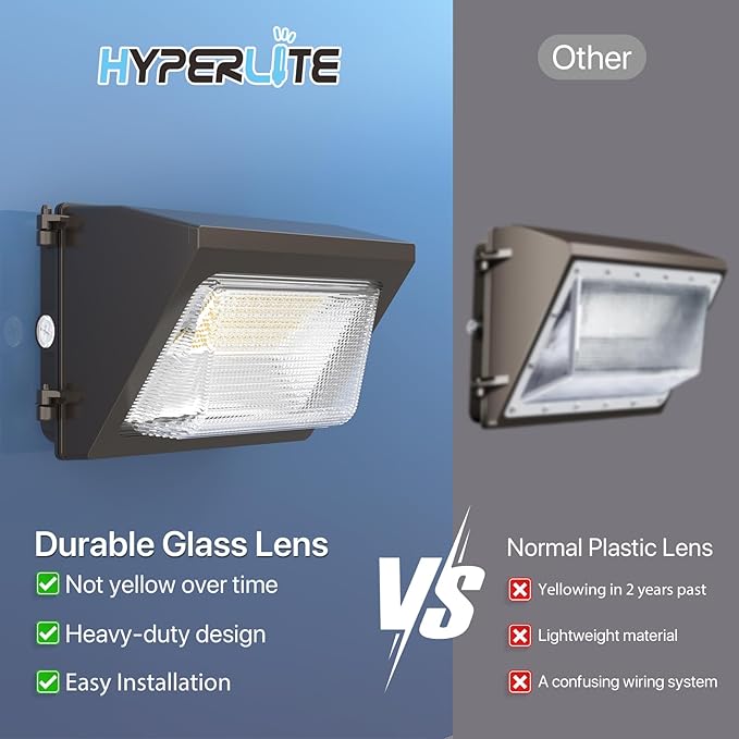 HYPERLITE LED Wall Pack Light 50W 2Packs with Dusk-to-Dawn Photocell,Glass Lens 6750LM LED Wall Packs Outdoor Lighting,Wall Pack Lights Outdoor Led for Yard Barn Parking Lots Warehouse UL Listed