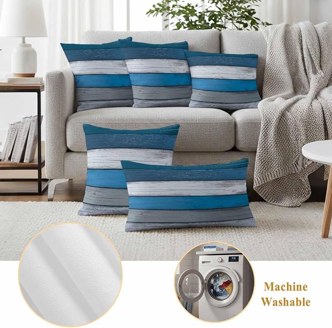 Coastal Style Outdoor Waterproof Throw Pillow Covers Set of 2, 24"x24", Retro Blue Grey Stripes Wood Texture Decorative Pillow Covers Outside Cushion Case for Patio Porch Garden