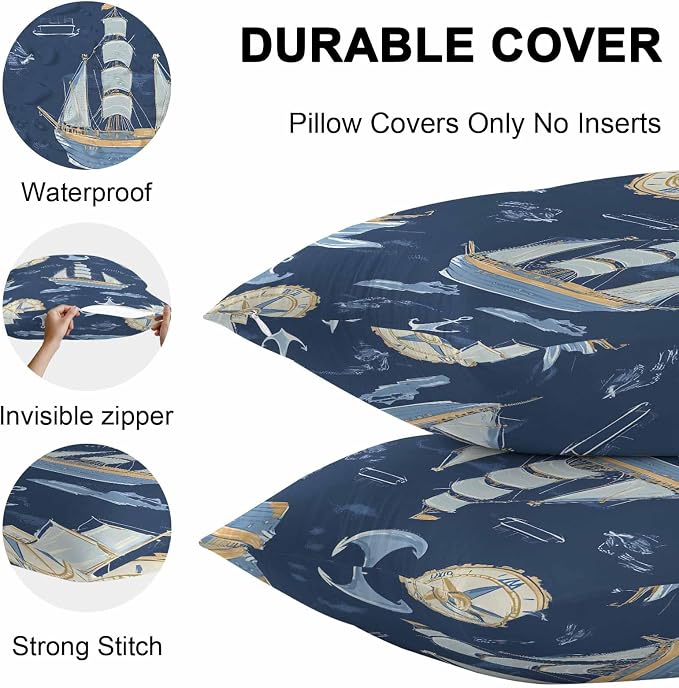 Coastal Boat on Navy Blue Outdoor Pillow Covers 16x16in Pack of 2 Waterproof Pillowcase Nautical Ocean Compass Anchor Decorative Throw Cushion Case for Patio Couch Sofa