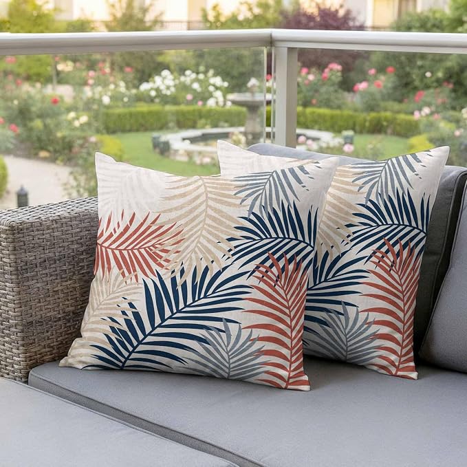 Outdoor Waterproof Throw Pillow Covers, Red Blue Yellow Palm Leaves Decorative Pillow Cases, Summer Botanical Tropical Leaf Couch Pillow Protector Patio Sofa Cushion Covers Replacement 16"x16" 2 Pack