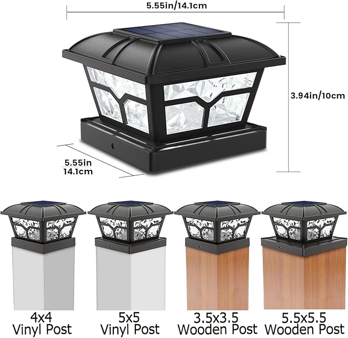 SIEDiNLAR Solar Post Cap Lights Outdoor 2 Color Modes 8 LEDs for 4x4 5x5 6x6 Wooden Vinyl Posts Fence Patio Deck Decoration Warm White & Cool White Lighting Black (10 Pack)