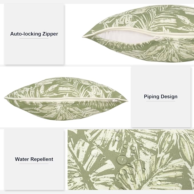 Outdoor Throw Pillows Inners, Fade Resistant Patio Furniture Square Pillows with Piping Set of 2 for Patio Furniture, 18x18 Inch, Tropical Leaf Green