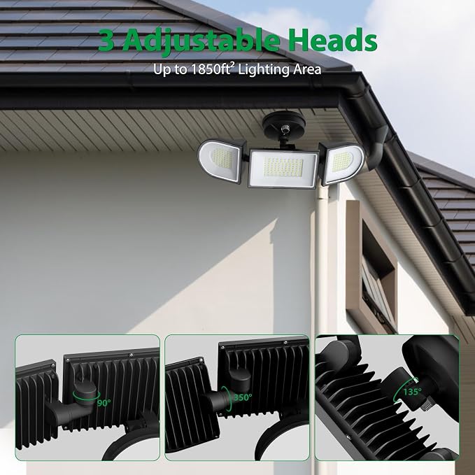 13000LM LED Flood Light Outdoor, Dusk to Dawn Security Light with Photocell, 130W Super Bright Hardwired Floodlight, 3 Adjustable Heads, IP65 Waterproof for Garage, Yard, Driveway, 6500K Daylight