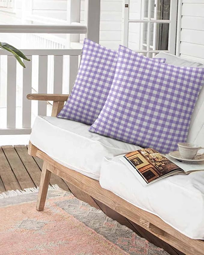 Outdoor Waterproof Throw Pillows Purple White Checkered Plaid Patio Pillows,Decorative Pillow Covers with Insert,Pillow Cushion Case for Garden Couch Sofa Gradient Buffalo Check