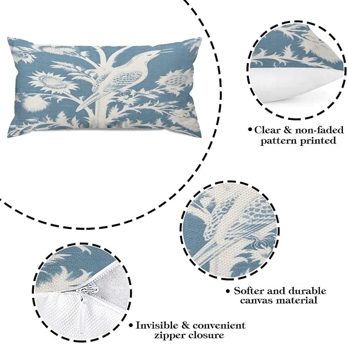 Zipped Pillow Cases for Home Decor Blue Turquoise and White Birds Plant Throw Pillow Cover Set of 2 Farmhouse Cushion Cover Cases for Living Room Club Home Decor 12x24in