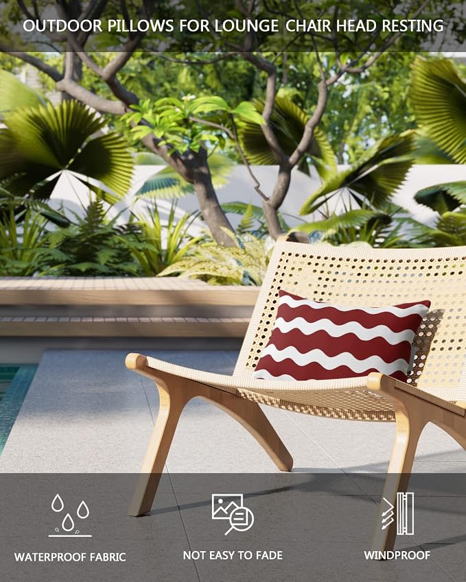 Outdoor Pillows Covers with Inserts Red Sea Wave Ripple Waterproof Recliner Pillow with Adjustable Strap Throw Pillows for Patio Furniture Pool Lounge Chair, 11x16 inch, 1PCS